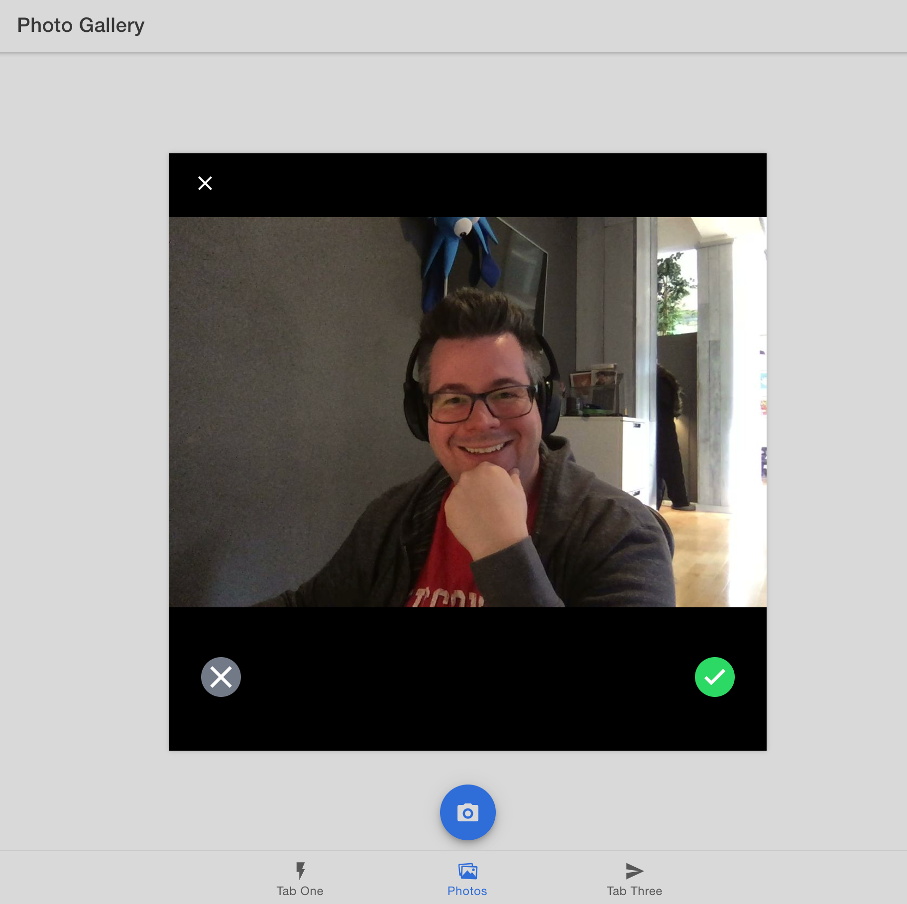 Webcam Selfie in Photo Gallery A photo gallery app displaying a webcam selfie.